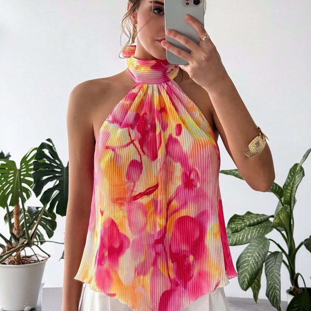 Casual Floral Pleated Halter Neck Women's Blouse - Picture 4 of 9